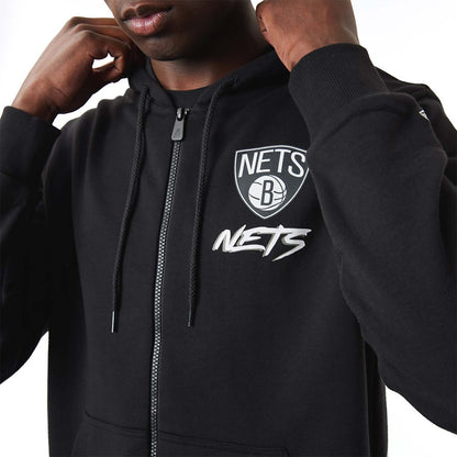 Felpa con cappuccio e zip Brooklyn Nets NBA Script nera