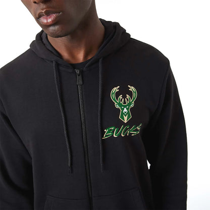 Felpa con cappuccio e zip Milwaukee Bucks NBA Script nera