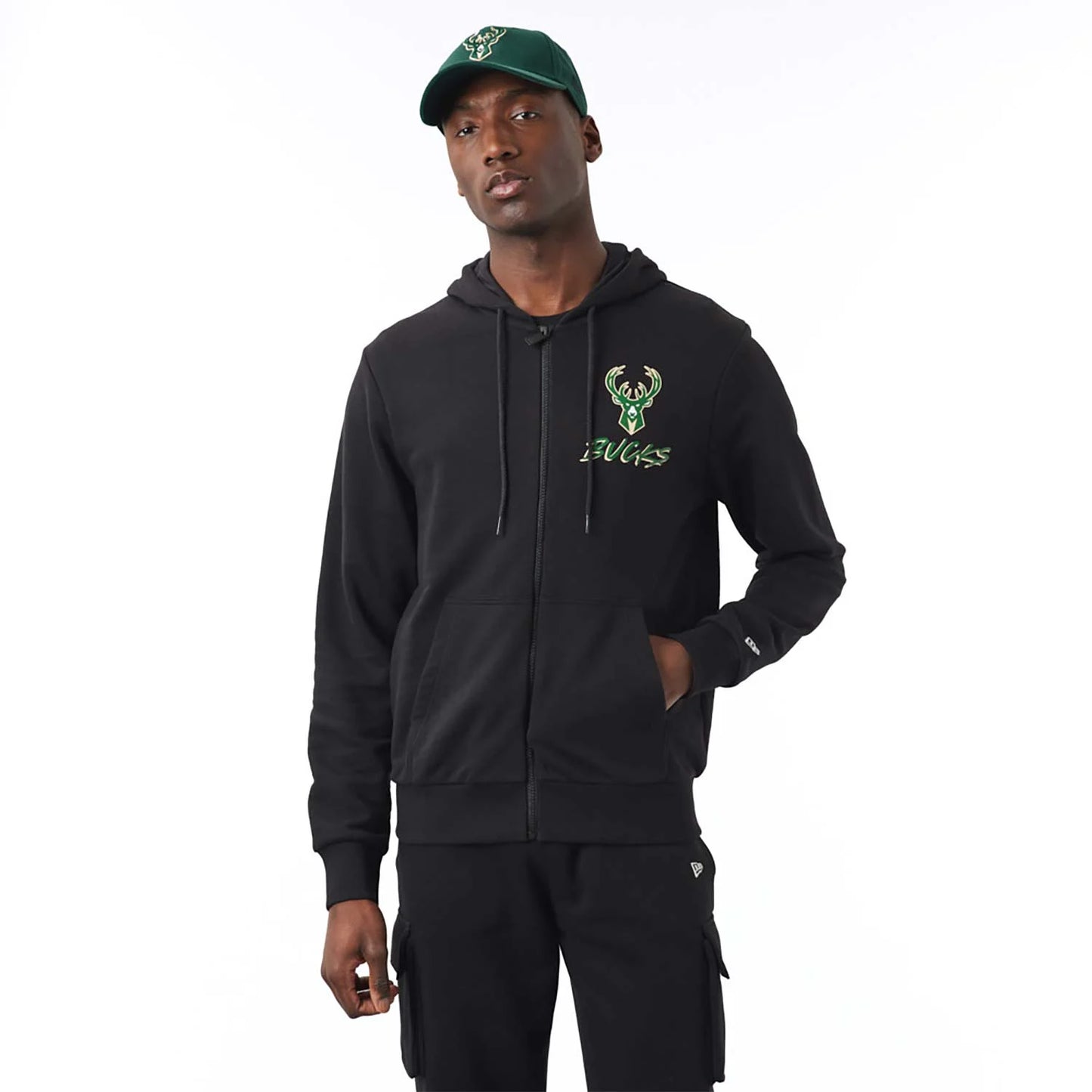 Felpa con cappuccio e zip Milwaukee Bucks NBA Script nera